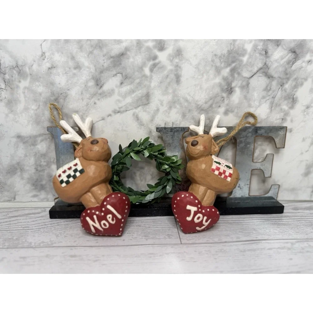 Vintage Midwest Eddie Walker Hanging Ornament Noel and Joy Reindeers Set‎ of Two